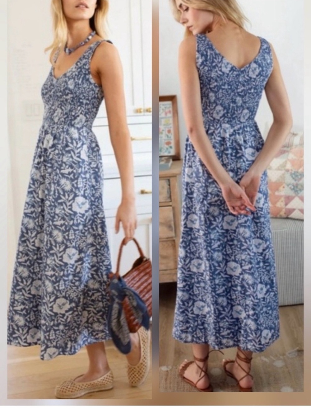 Blue Floral Midi Sundress - Sleeveless V-Neck